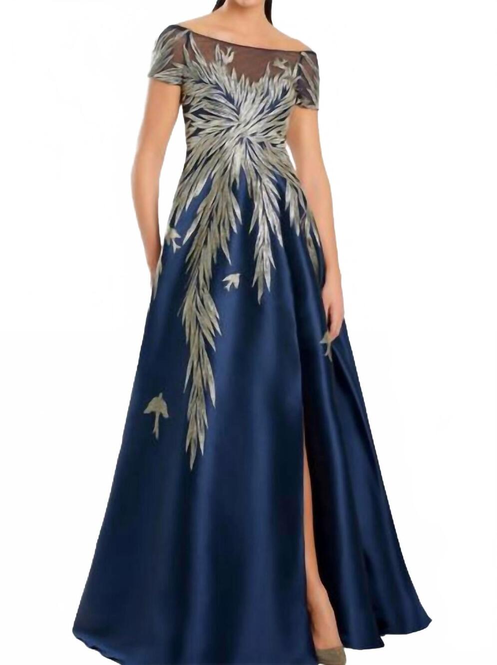 NEW DAYMOR illusion neck short sleeve a-line dress in gold/blue
